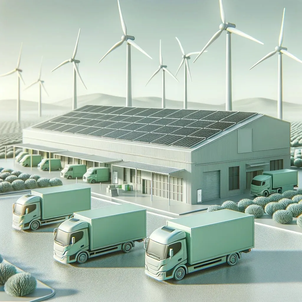 Illustration of green delivery trucks outside a logistics warehouse
